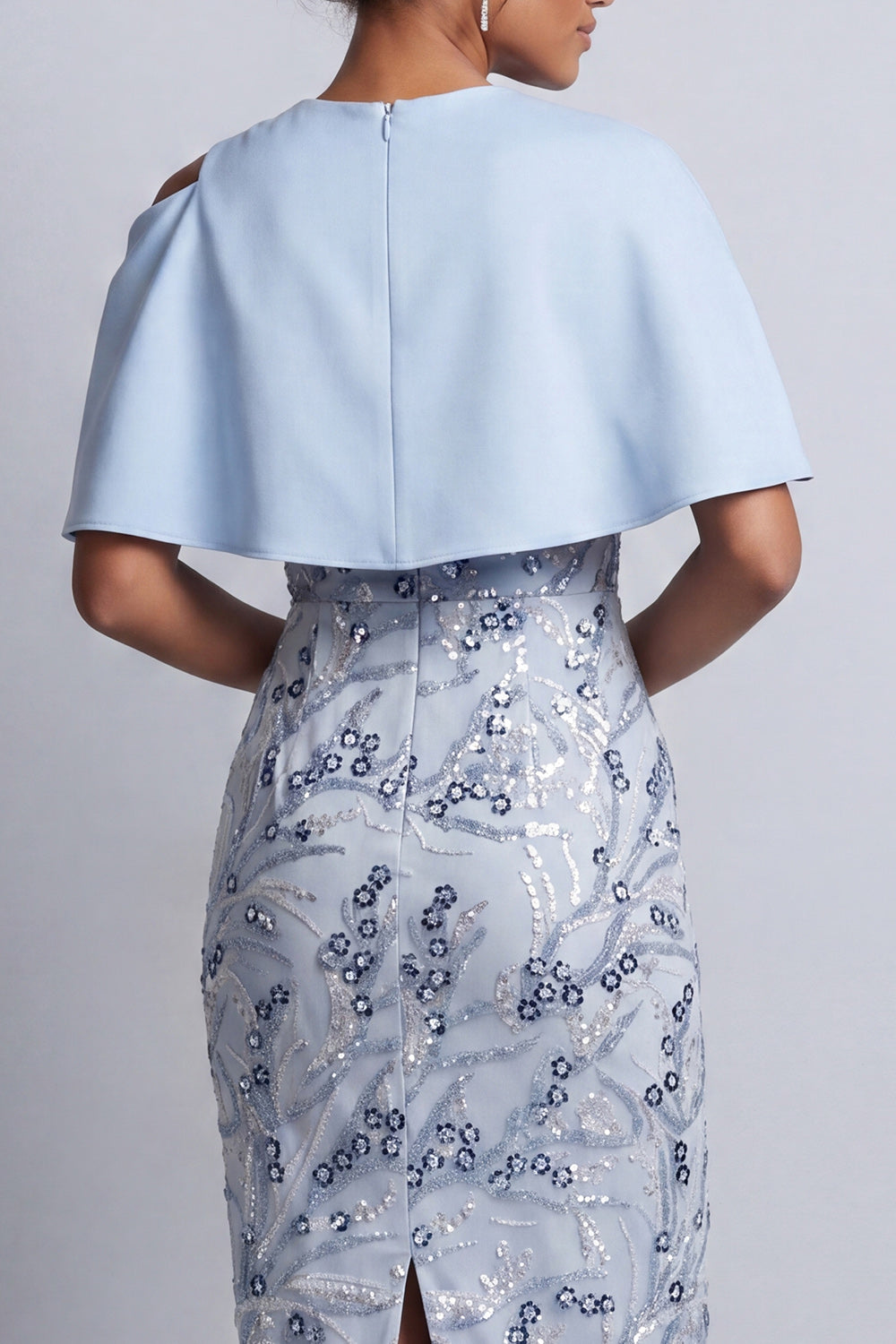 Floral Sky Blue Sheath Round Neck Midi Mother of the Bride Dress with Pocket