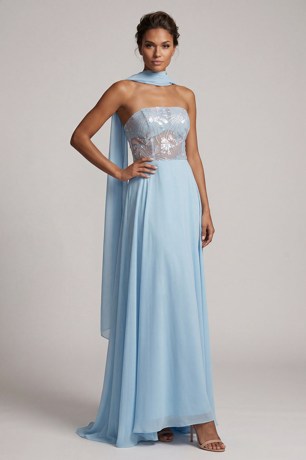 Floral Sky Blue Corset A-Line Chiffon Long Mother of the Bride Dress