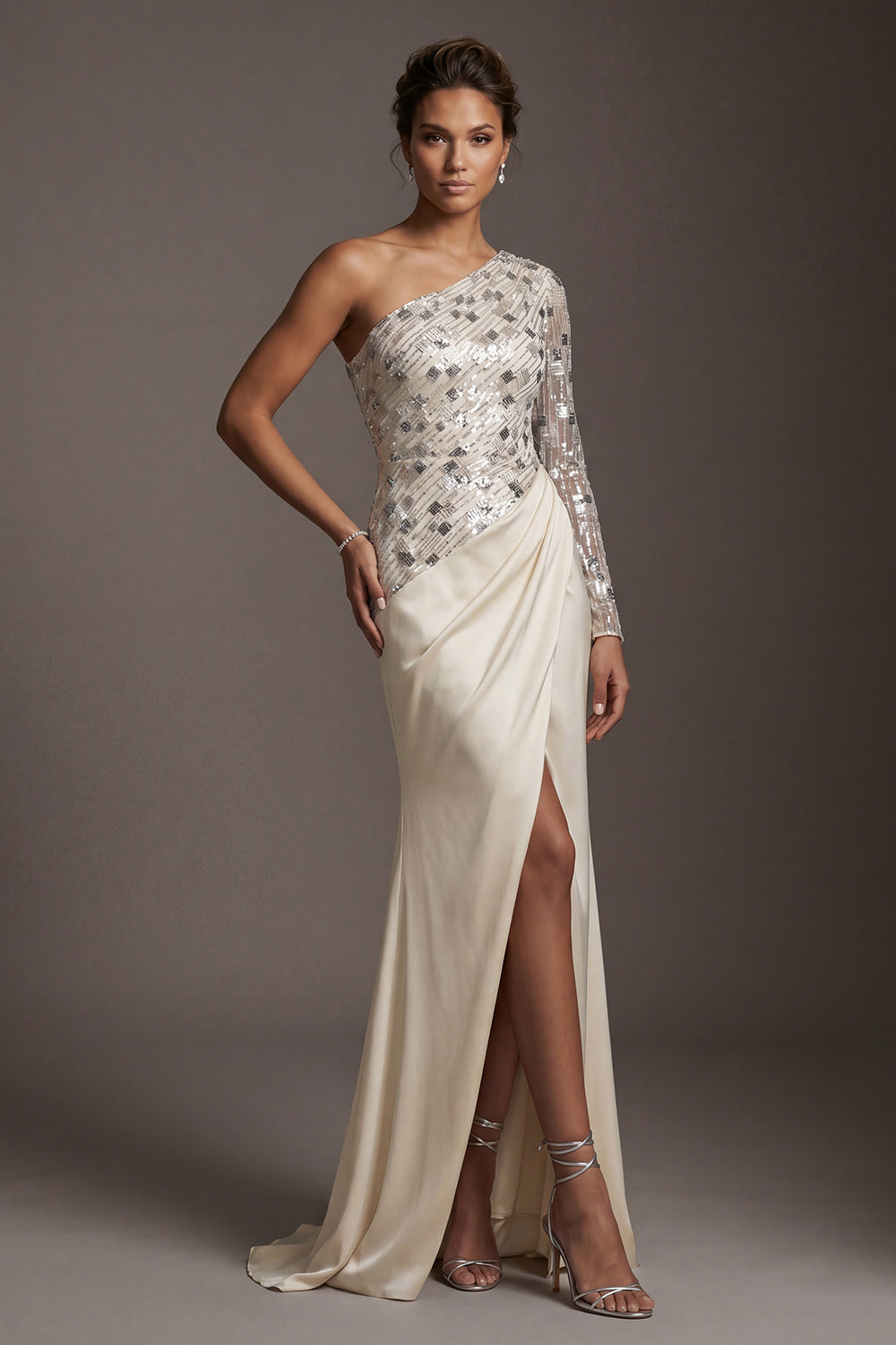 Sparkly Champagne Sequin One Shoulder Mermaid Long Sleeves Mother of the Bride Dress