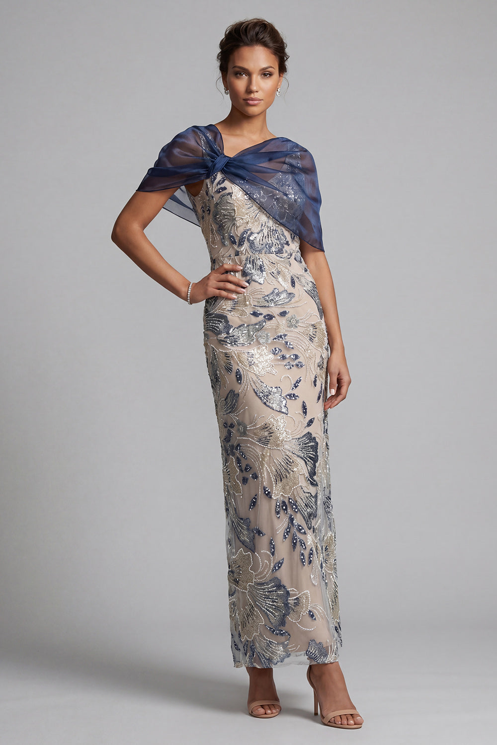 Floral Navy Sheath Scoop Neck Long Mother of the Bride Dress with Cape