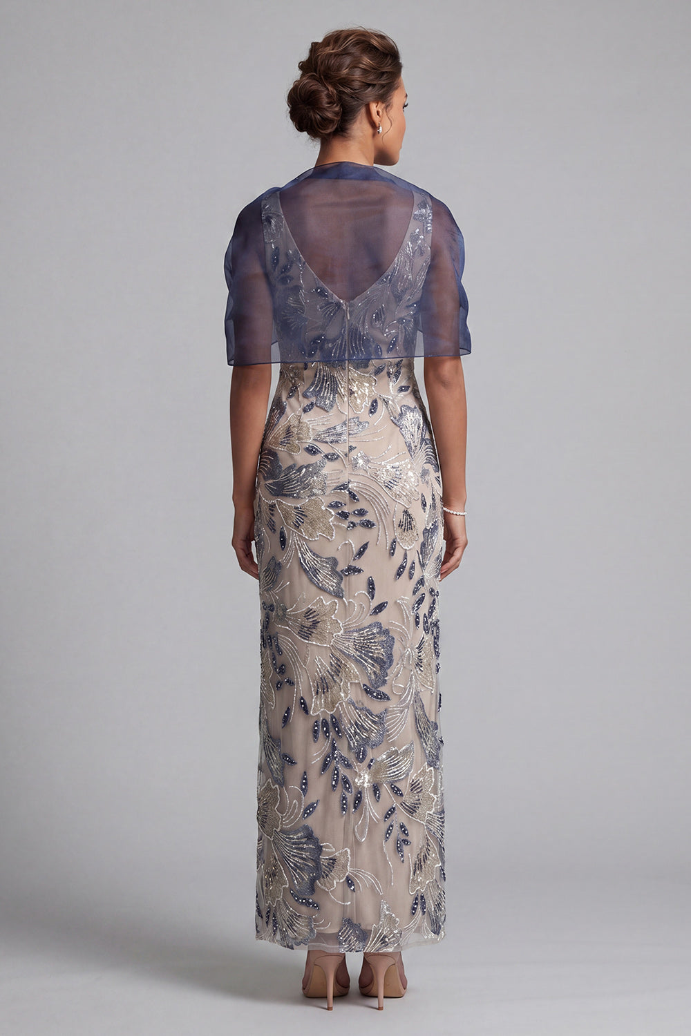 Floral Navy Sheath Scoop Neck Long Mother of the Bride Dress with Cape