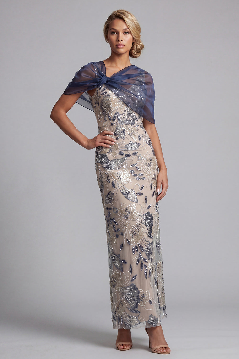 Floral Navy Sheath Scoop Neck Long Mother of the Bride Dress with Cape
