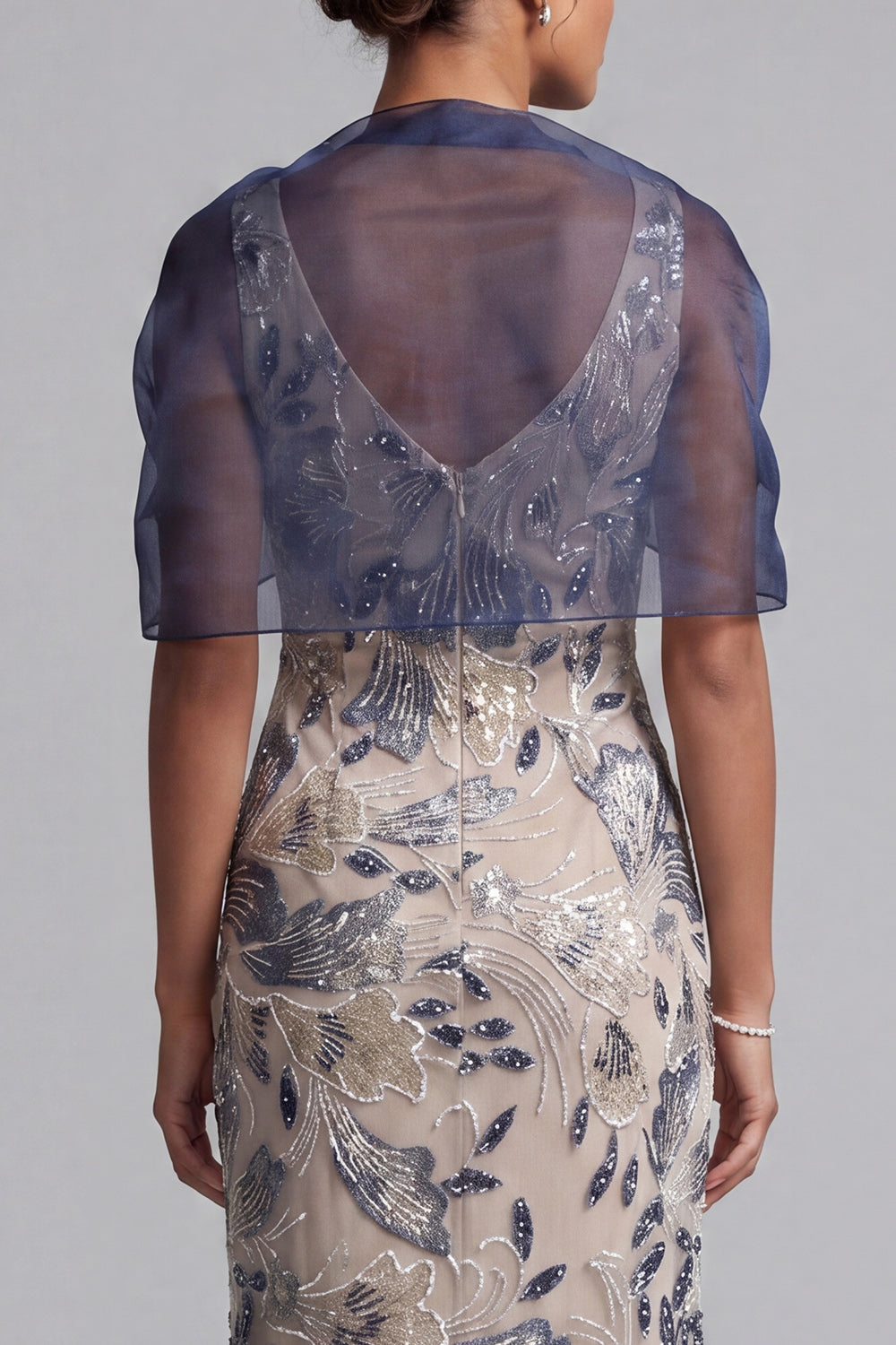 Floral Navy Sheath Scoop Neck Long Mother of the Bride Dress with Cape