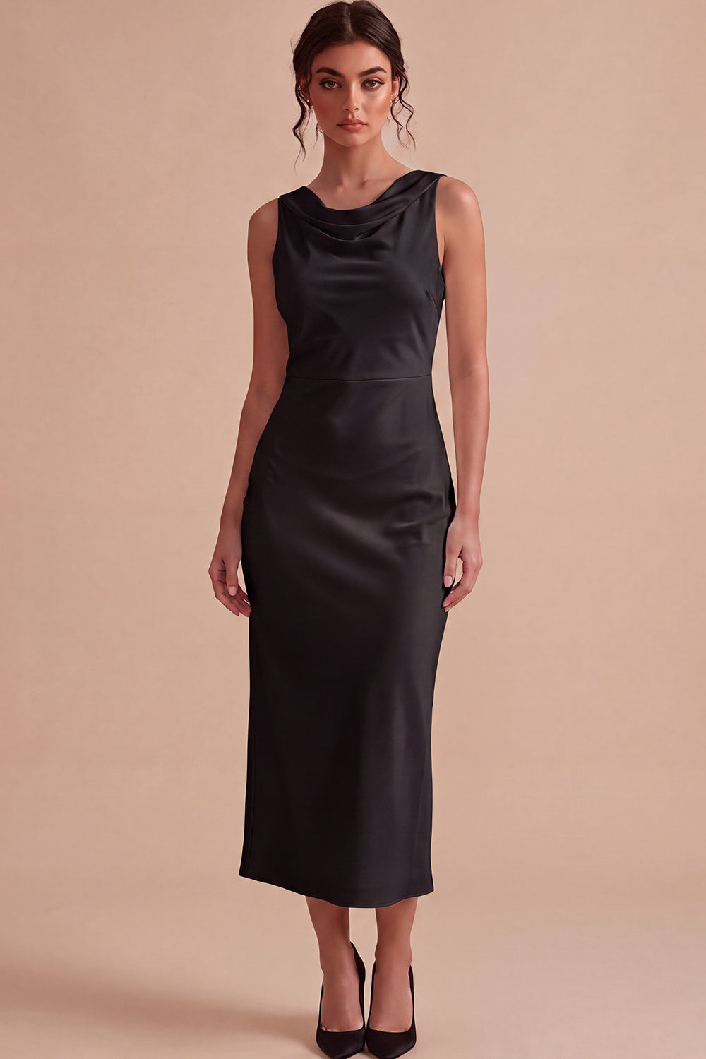 Simple White Satin Sheath Cowl Neck Maxi Bride Reception Dress