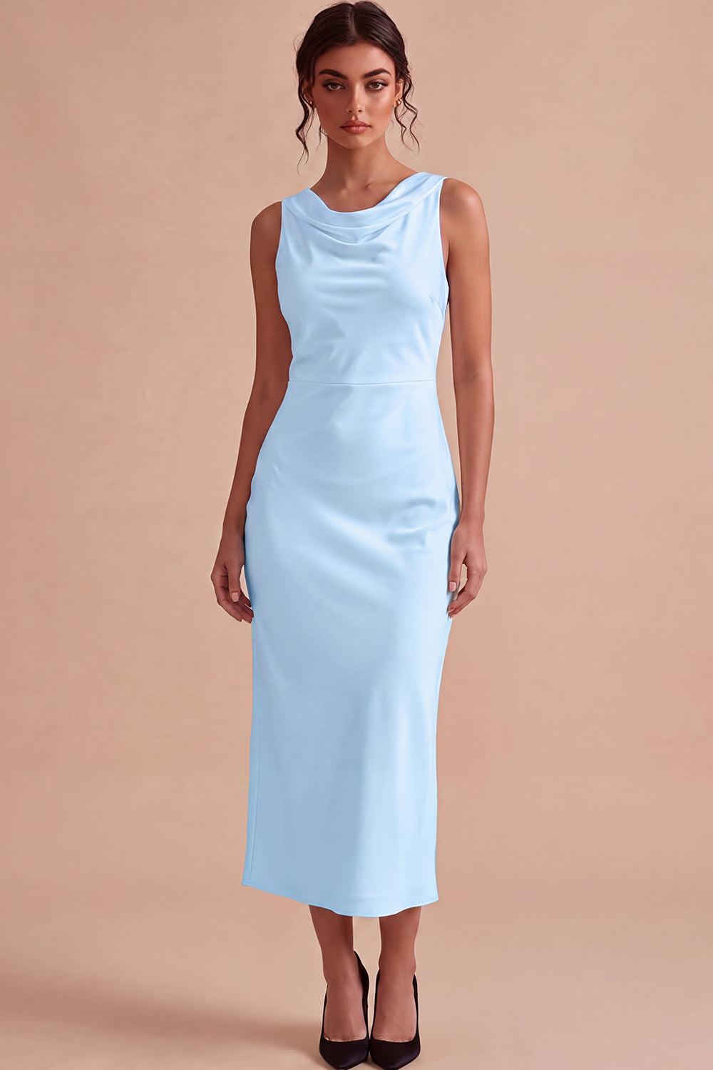 Simple White Satin Sheath Cowl Neck Maxi Bride Reception Dress