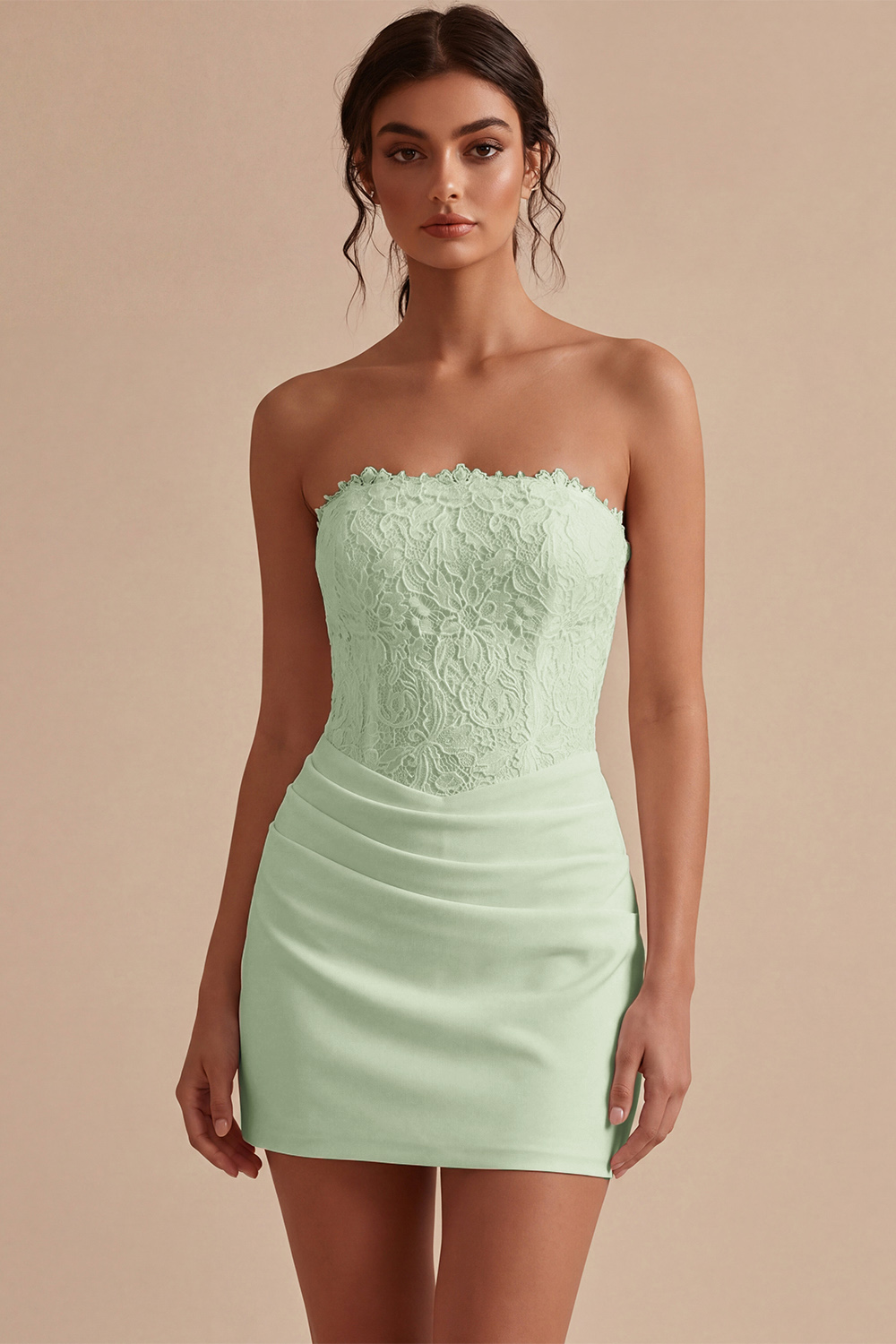White Lace Strapless Ruched Tight Short Corset Bride Reception Dress