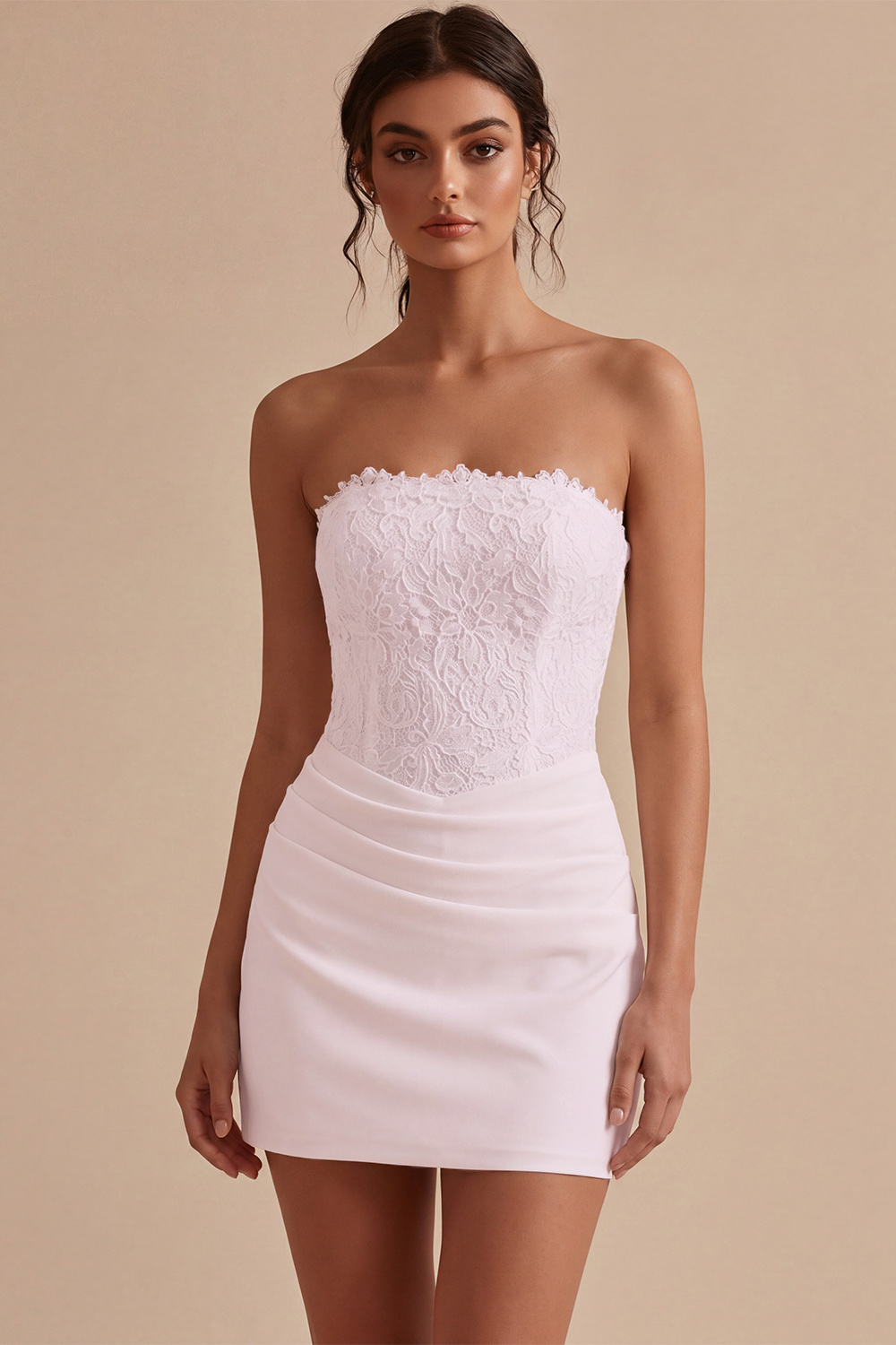 White Lace Strapless Ruched Tight Short Corset Bride Reception Dress