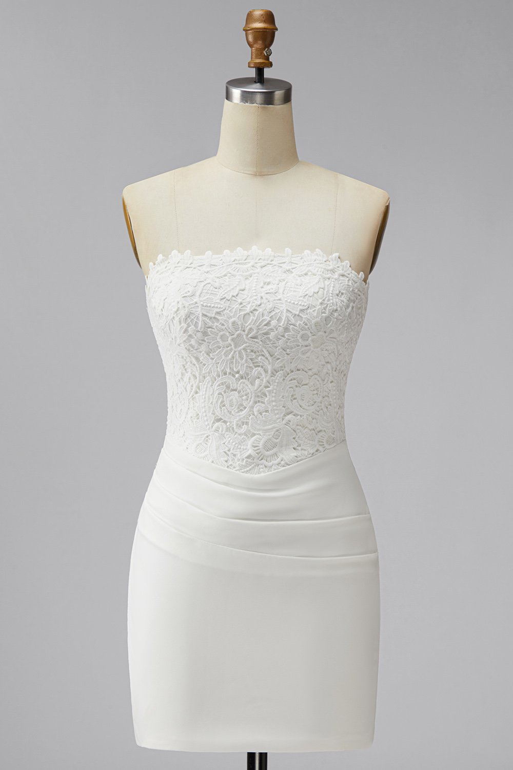 White Lace Strapless Ruched Tight Short Corset Bride Reception Dress