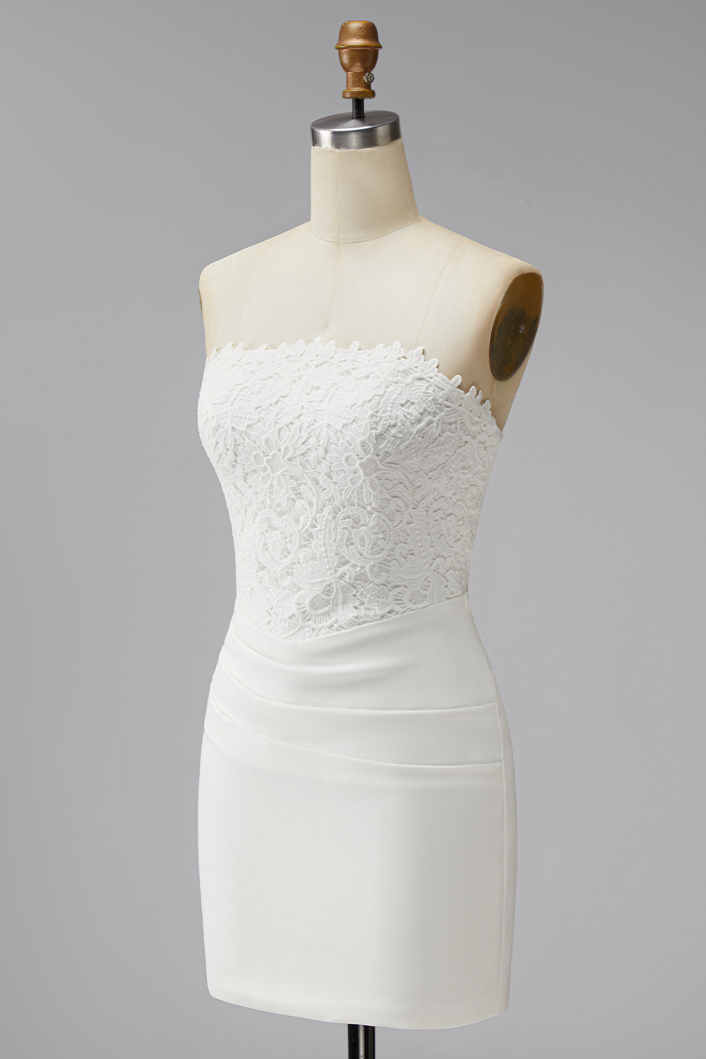White Lace Strapless Ruched Tight Short Corset Bride Reception Dress