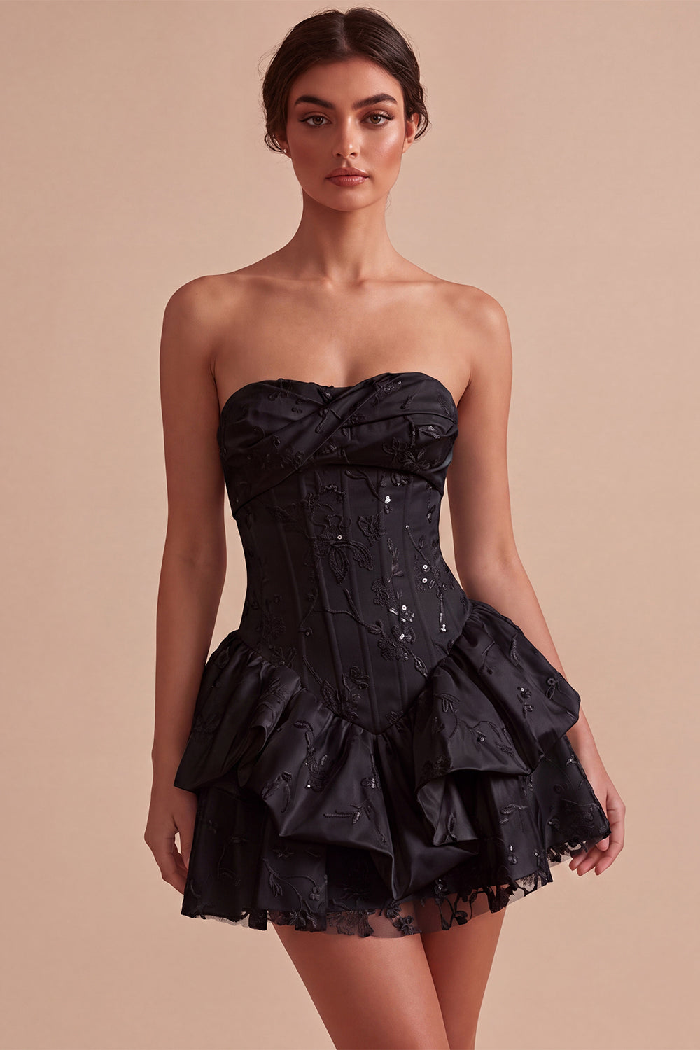 White Floral Strapless A Line Ruffled Mini Corset Bride Reception Dress
