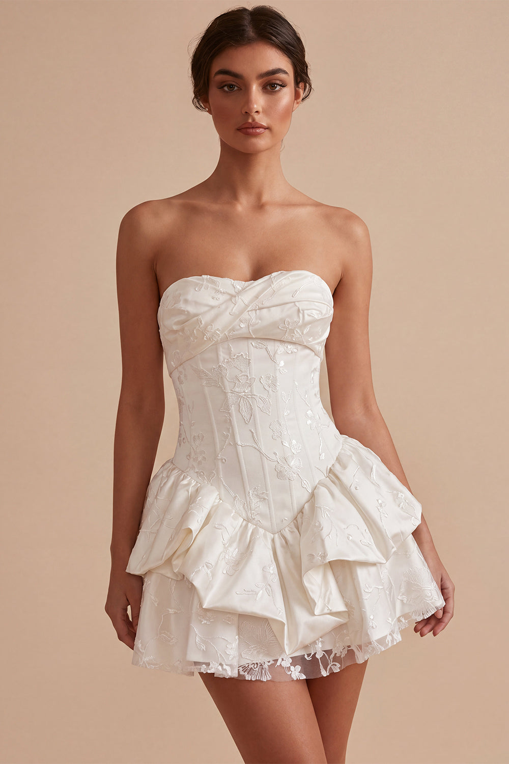 White Floral Strapless A Line Ruffled Mini Corset Bride Reception Dress
