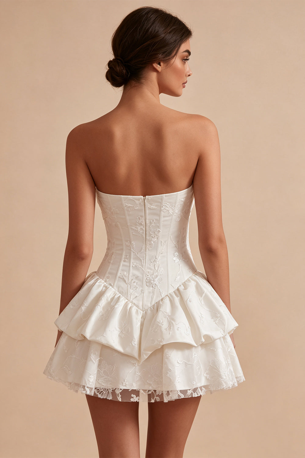 White Floral Strapless A Line Ruffled Mini Corset Bride Reception Dress