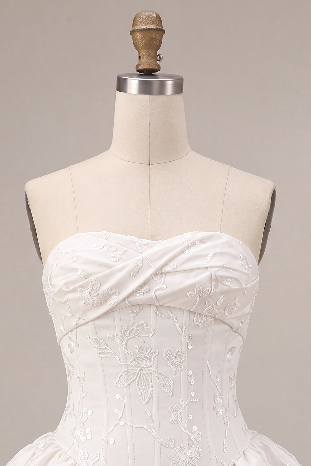 White Floral Strapless A Line Ruffled Mini Corset Bride Reception Dress