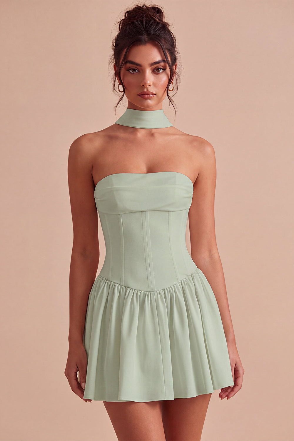 White Strapless A Line Short Corset Bride Reception Dress with Neck Scarf