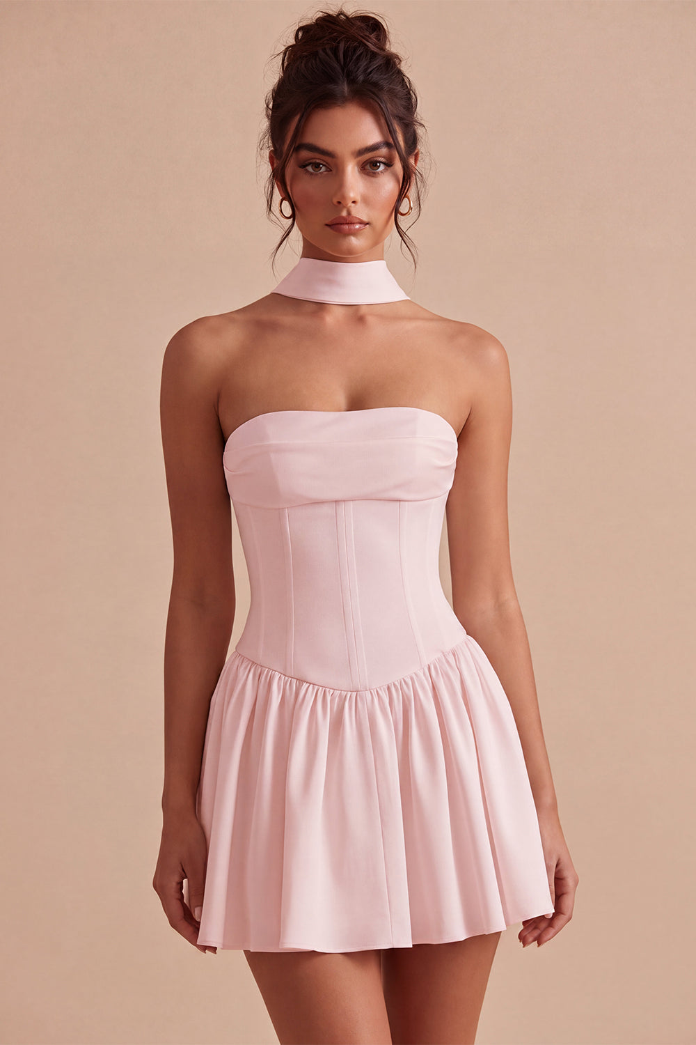 White Strapless A Line Short Corset Bride Reception Dress with Neck Scarf