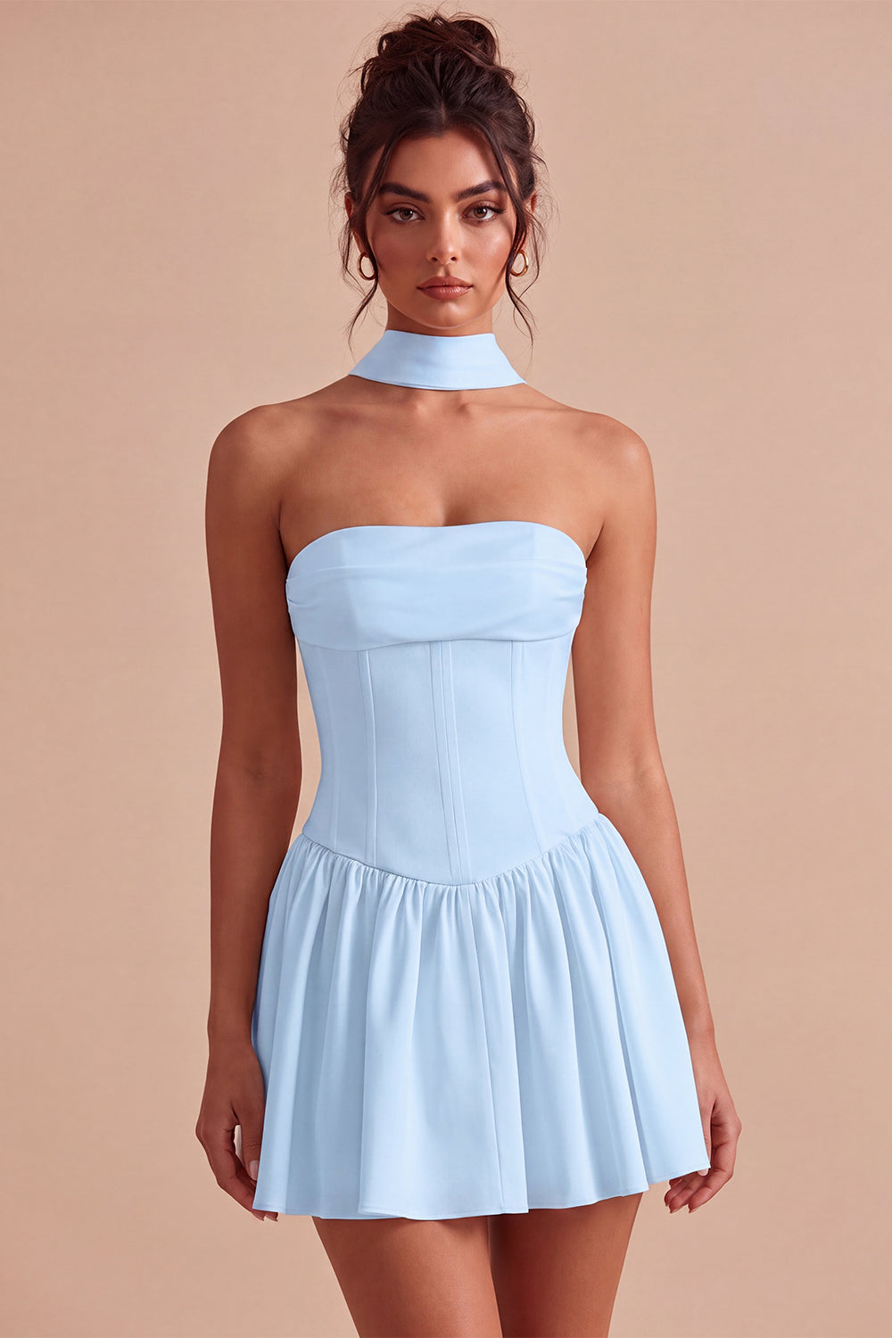 White Strapless A Line Short Corset Bride Reception Dress with Neck Scarf