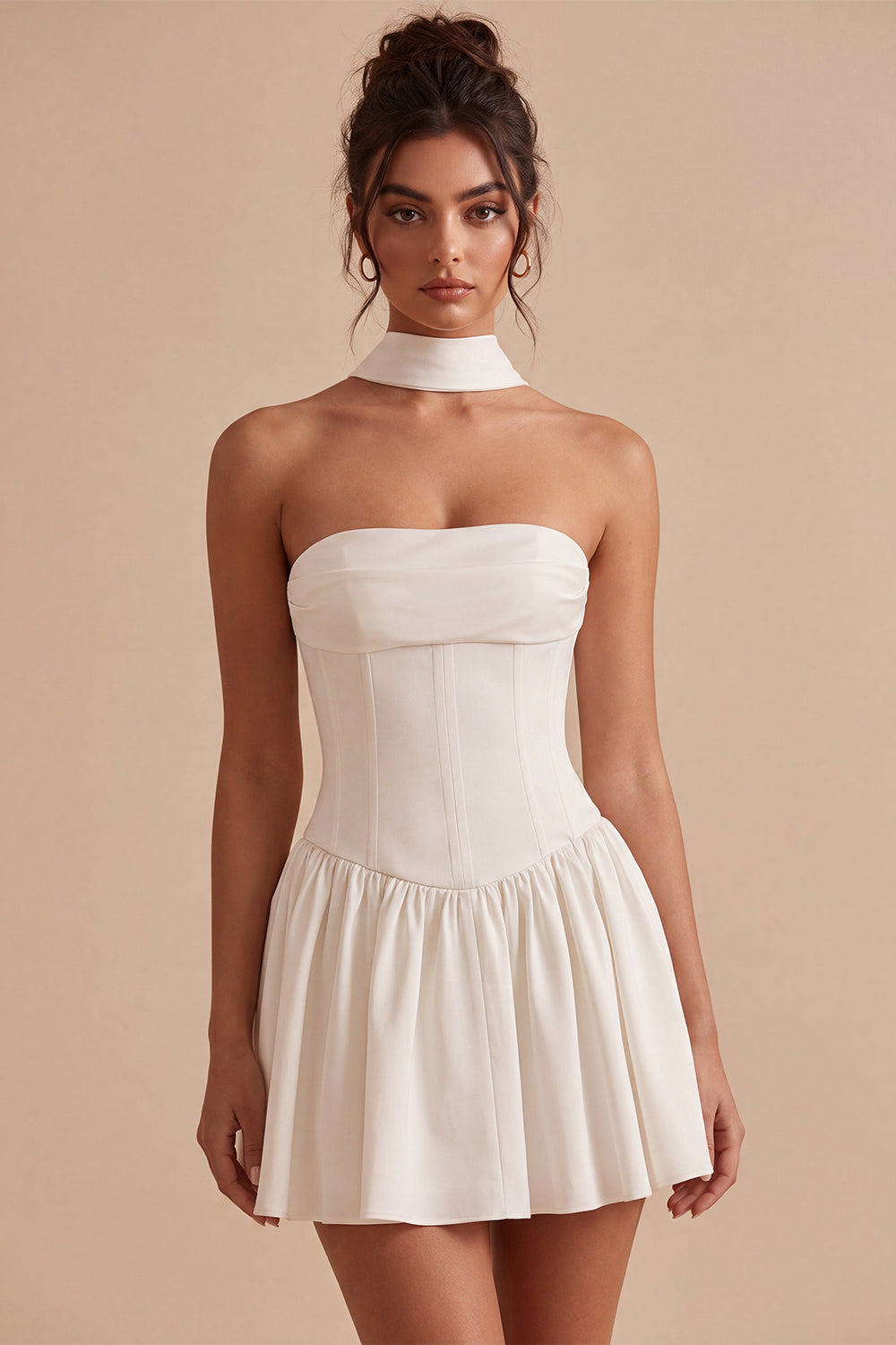 White Strapless A Line Short Corset Bride Reception Dress with Neck Scarf