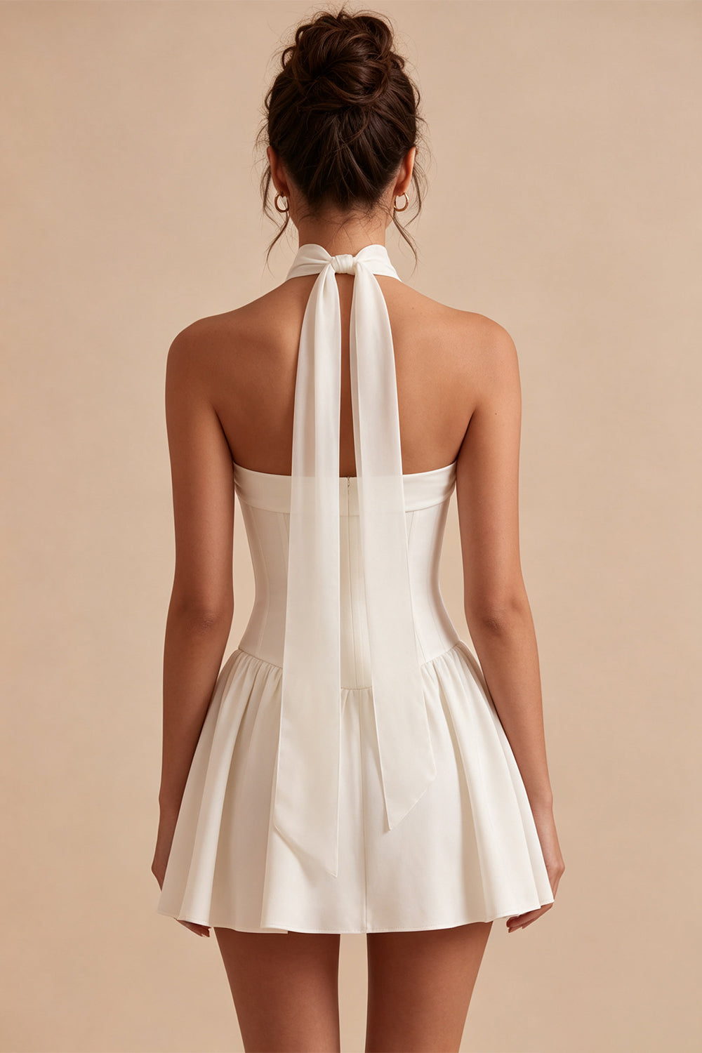 White Strapless A Line Short Corset Bride Reception Dress with Neck Scarf