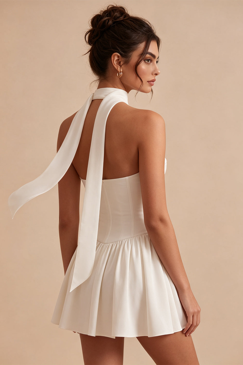 White Strapless A Line Short Corset Bride Reception Dress with Neck Scarf