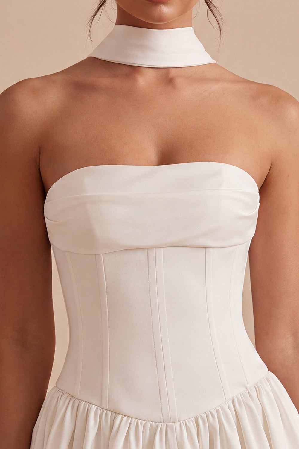 White Strapless A Line Short Corset Bride Reception Dress with Neck Scarf