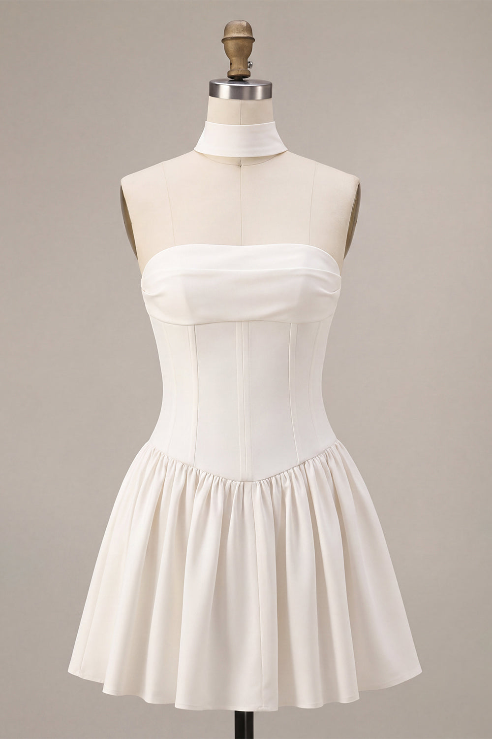 White Strapless A Line Short Corset Bride Reception Dress with Neck Scarf