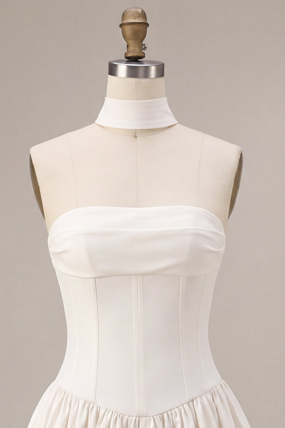 White Strapless A Line Short Corset Bride Reception Dress with Neck Scarf