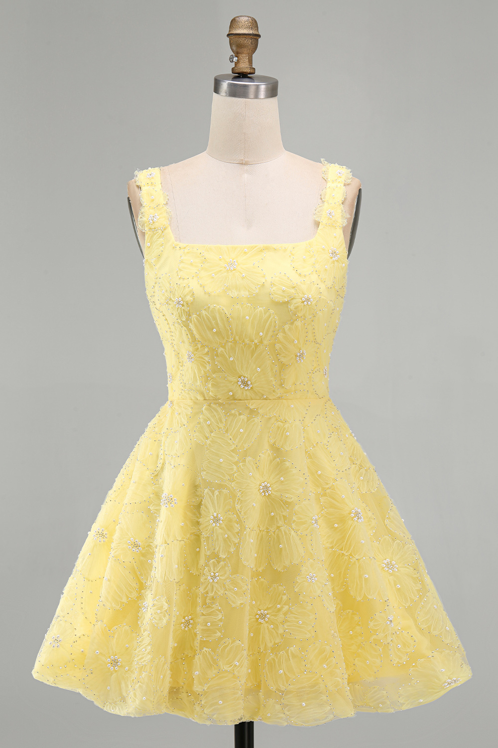 Light Yellow Sparkly A Line Floral Beaded Bubble Short Homecoming Dress