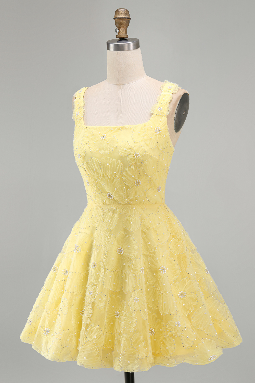 Light Yellow Sparkly A Line Floral Beaded Bubble Short Homecoming Dress