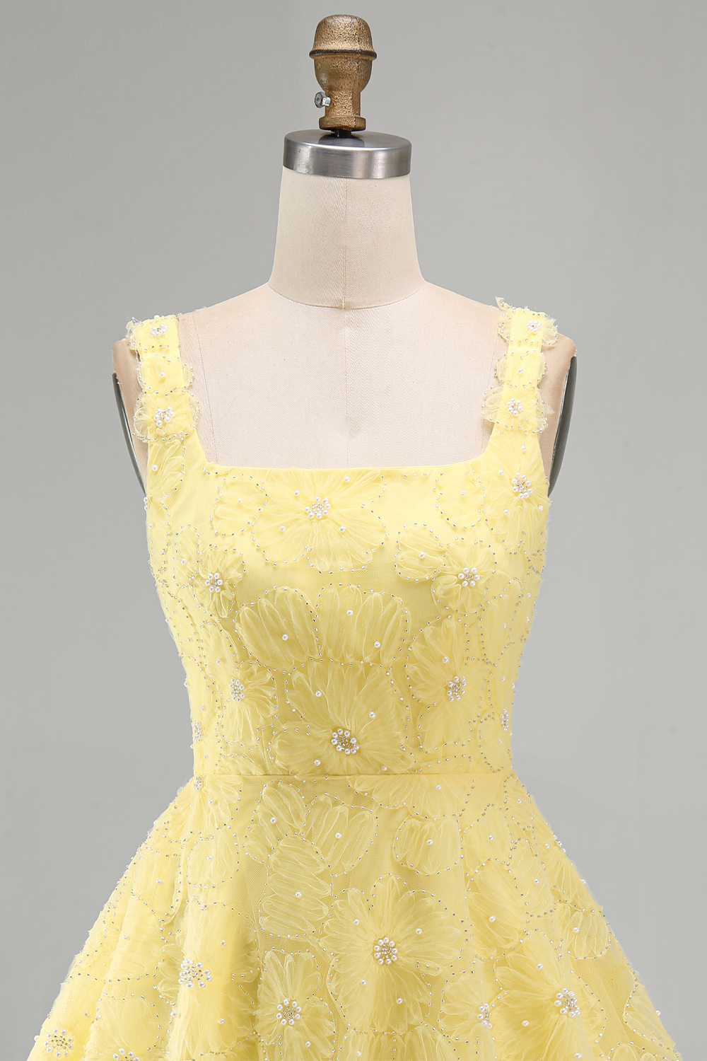 Light Yellow Sparkly A Line Floral Beaded Bubble Short Homecoming Dress