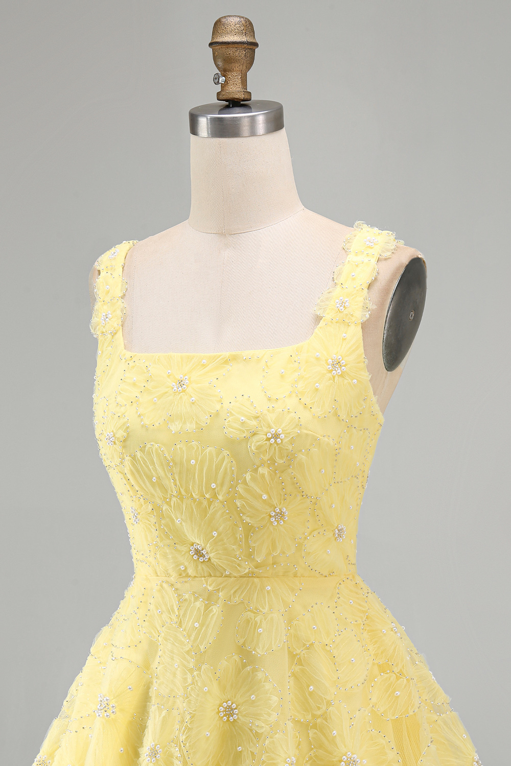 Light Yellow Sparkly A Line Floral Beaded Bubble Short Homecoming Dress