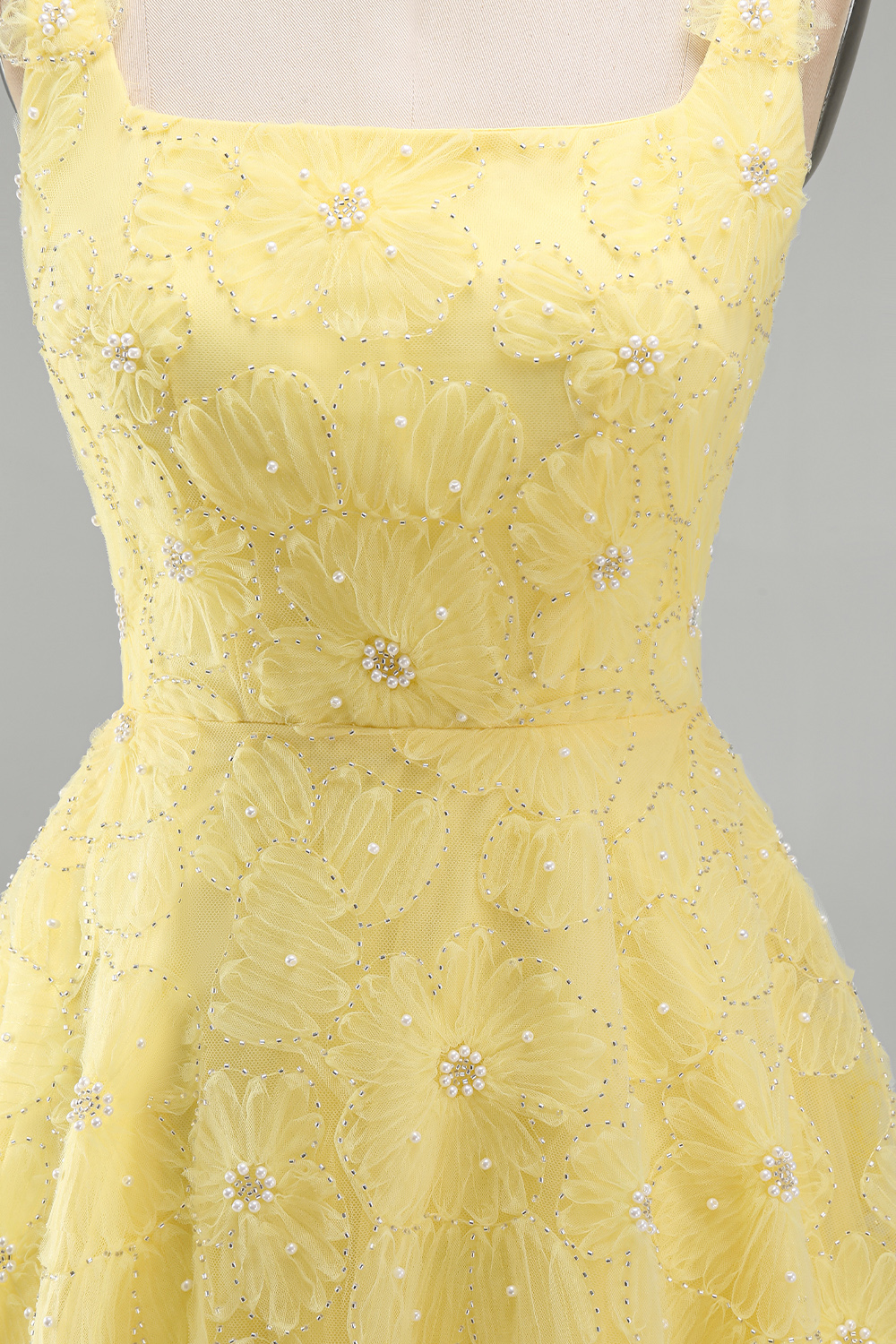 Light Yellow Sparkly A Line Floral Beaded Bubble Short Homecoming Dress