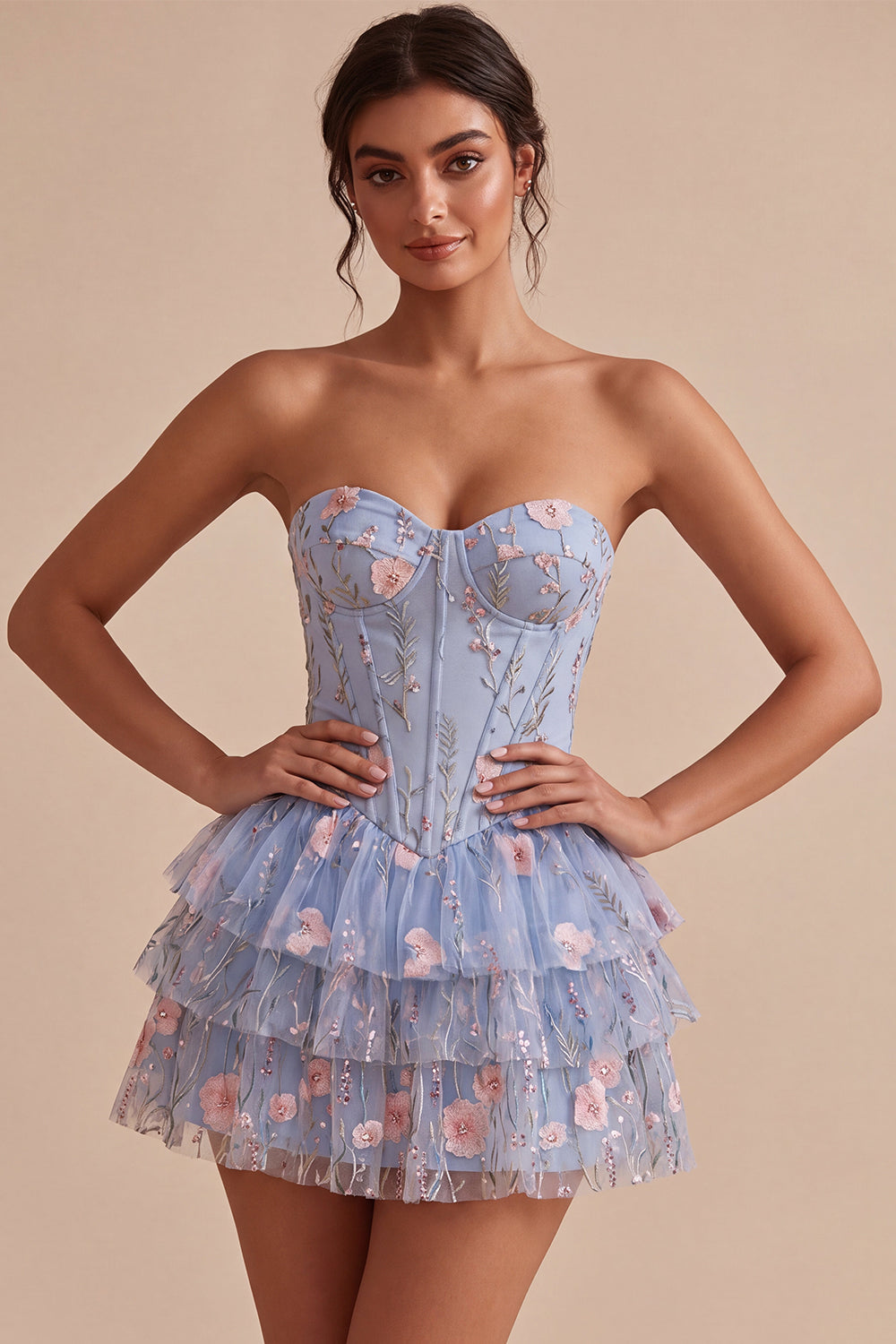 Light Blue Floral Corset Sparkly Ruffled Beaded Short Homecoming Dress