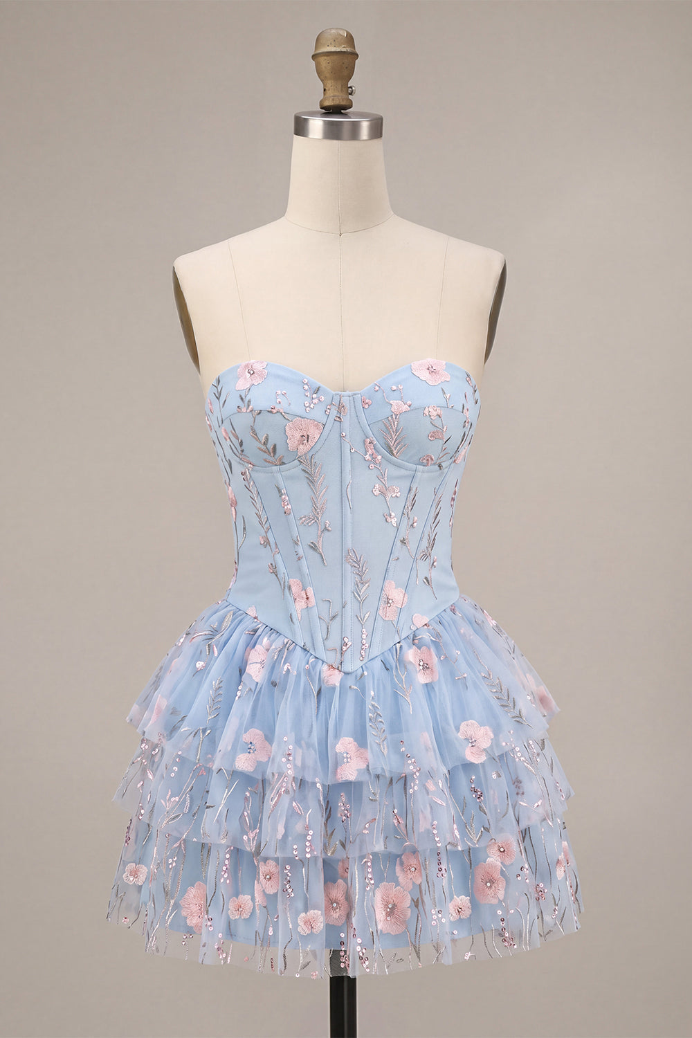 Light Blue Floral Corset Sparkly Ruffled Beaded Short Homecoming Dress