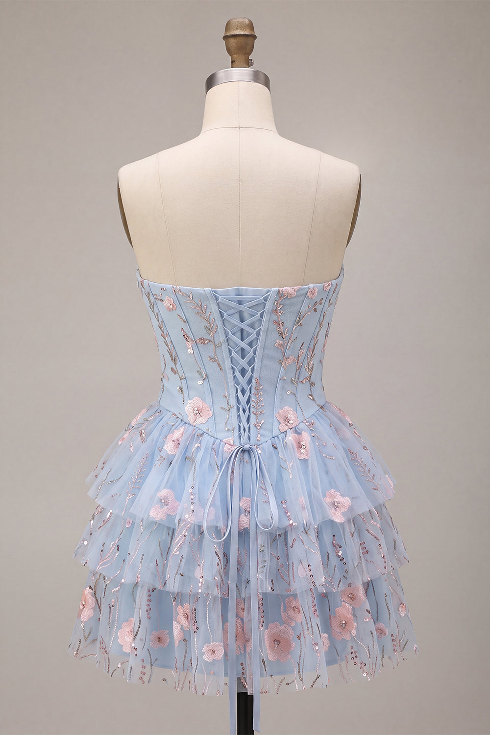 Light Blue Floral Corset Sparkly Ruffled Beaded Short Homecoming Dress