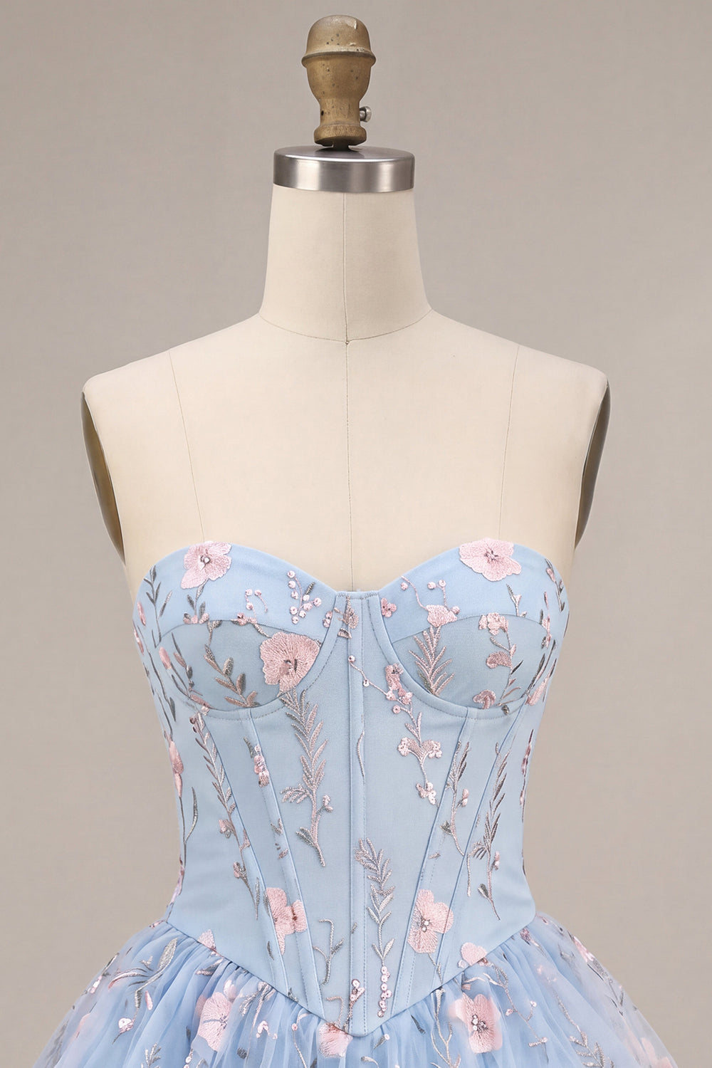 Light Blue Floral Corset Sparkly Ruffled Beaded Short Homecoming Dress