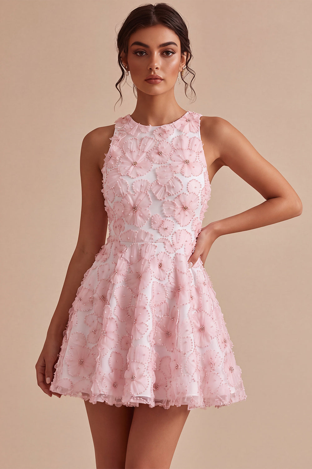 Pink Sparkly Floral A Line Beaded Short Homecoming Dress