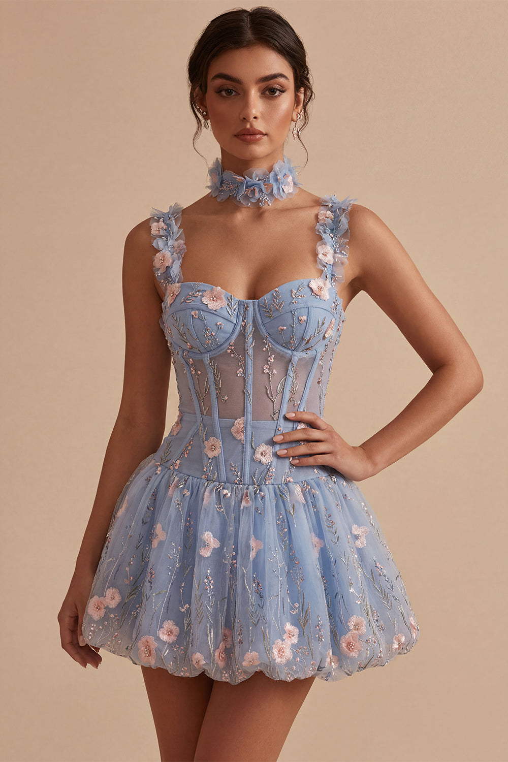 Light Blue A Line Corset Beaded Bubble Short Homecoming Dress with 3D Flowers