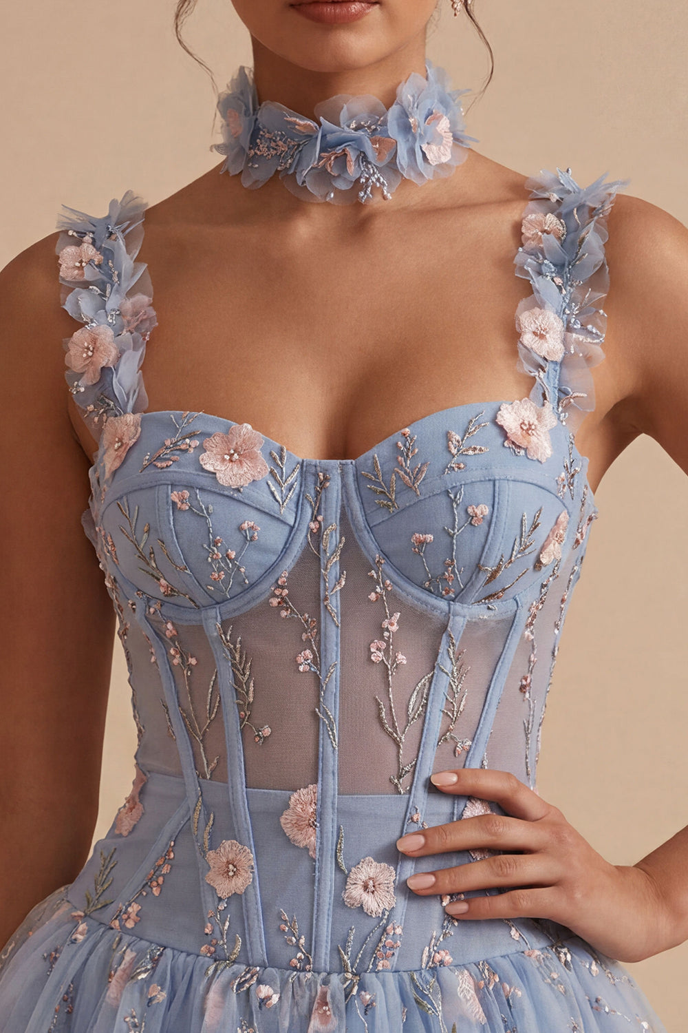 Light Blue A Line Corset Beaded Bubble Short Homecoming Dress with 3D Flowers