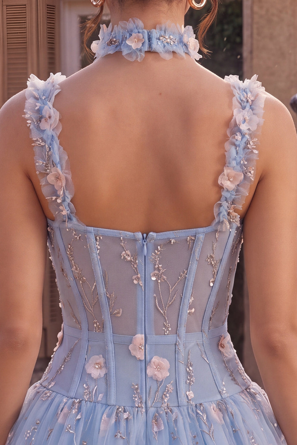 Light Blue A Line Corset Beaded Bubble Short Homecoming Dress with 3D Flowers