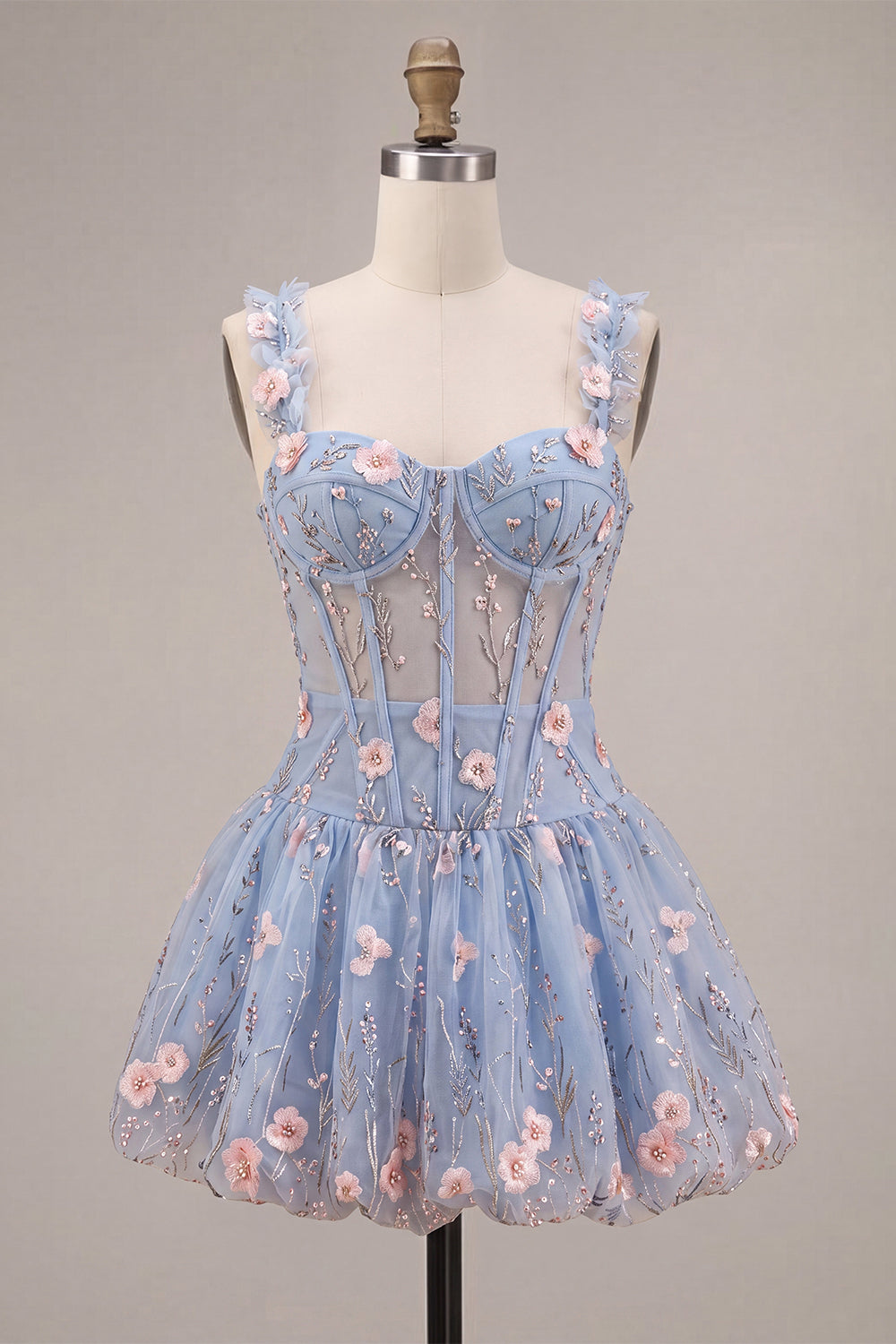 Light Blue A Line Corset Beaded Bubble Short Homecoming Dress with 3D Flowers
