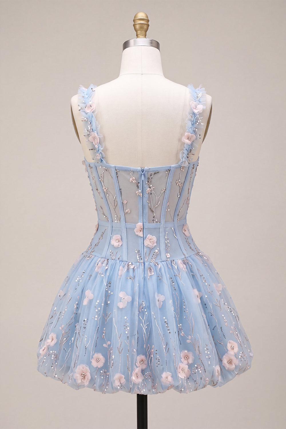 Light Blue A Line Corset Beaded Bubble Short Homecoming Dress with 3D Flowers