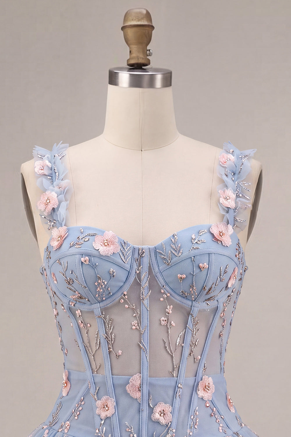 Light Blue A Line Corset Beaded Bubble Short Homecoming Dress with 3D Flowers