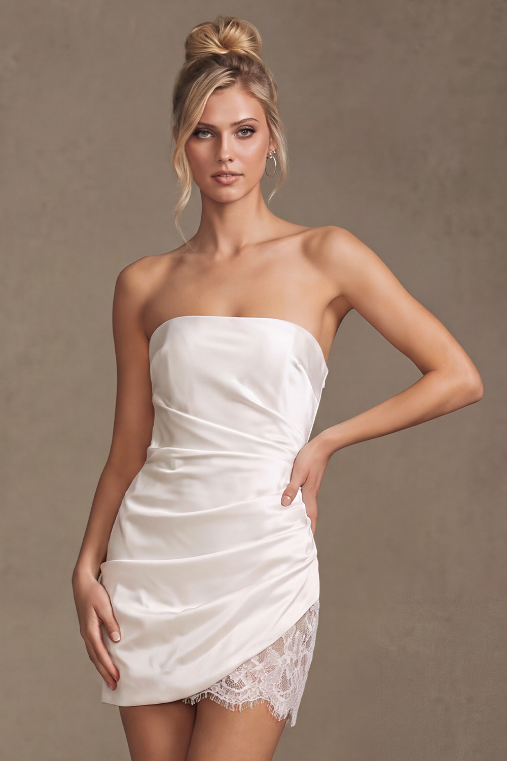 White Bodycon Strapless Ruched Short Wedding Dress with Lace