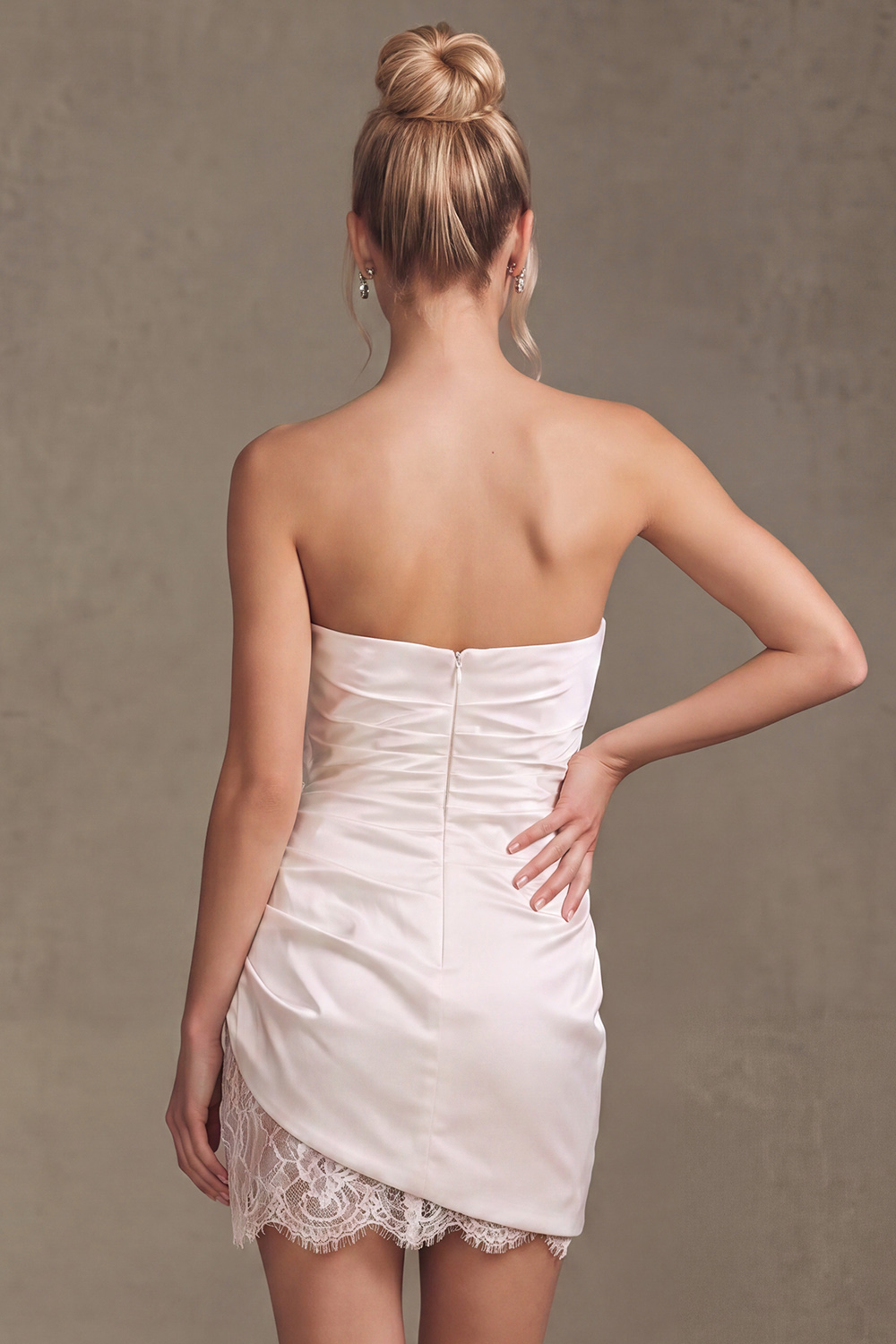 White Bodycon Strapless Ruched Short Wedding Dress with Lace