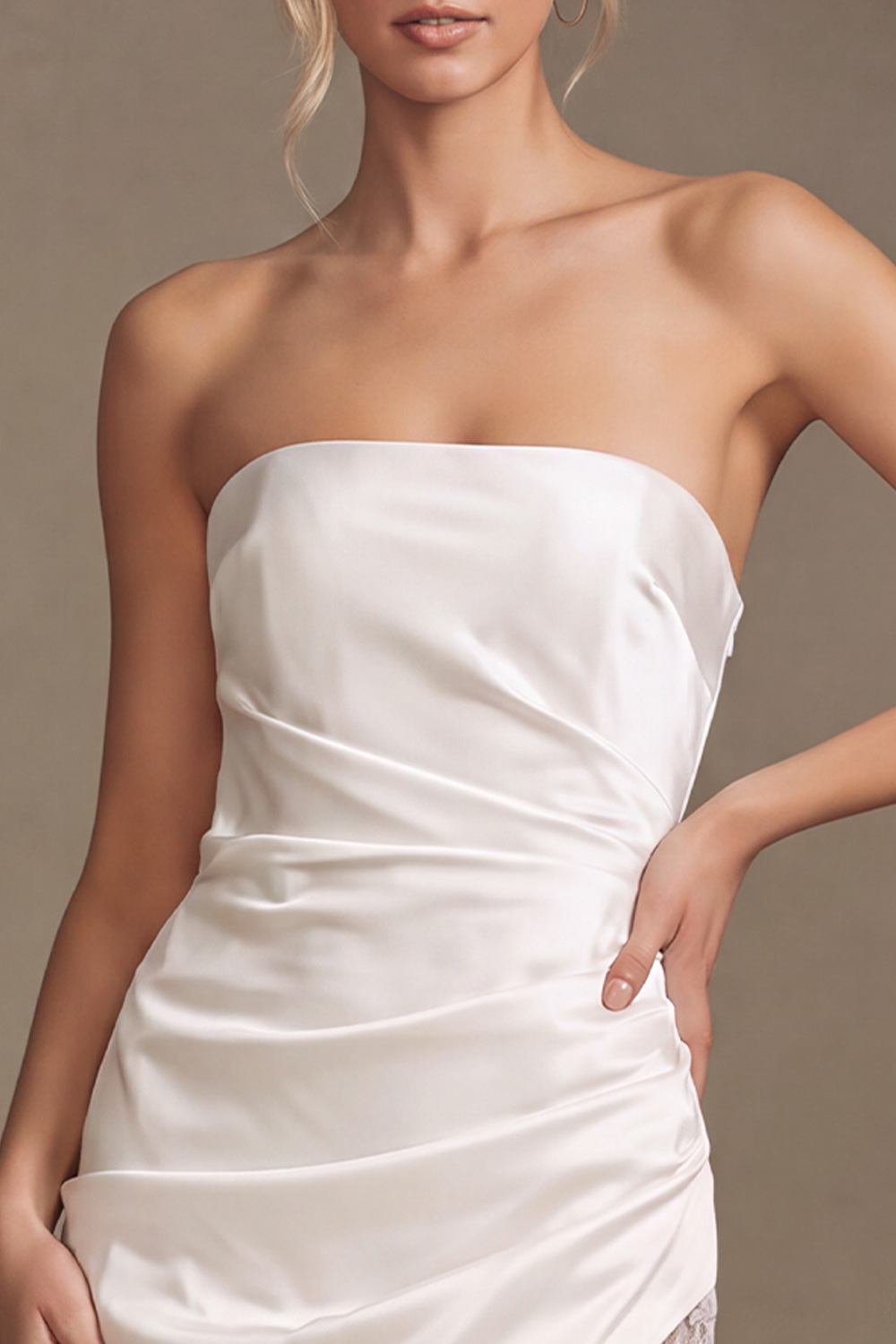 White Bodycon Strapless Ruched Short Wedding Dress with Lace