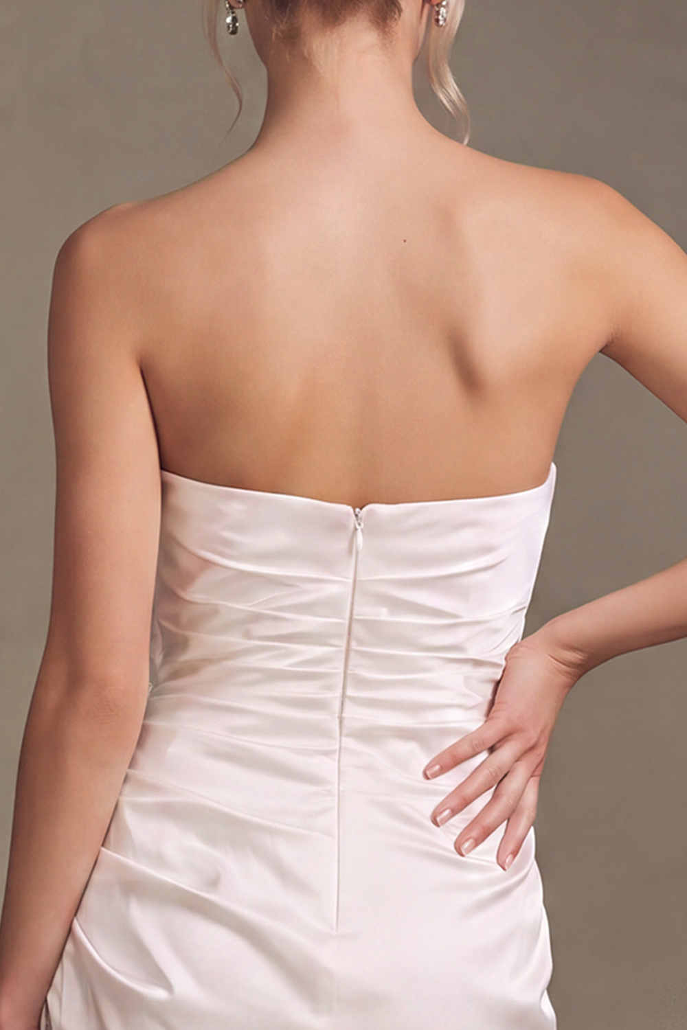 White Bodycon Strapless Ruched Short Wedding Dress with Lace