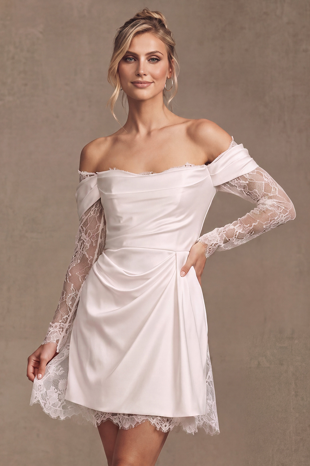 White A Line Off the Shoulder Long Sleeves Short Wedding Dress with Lace