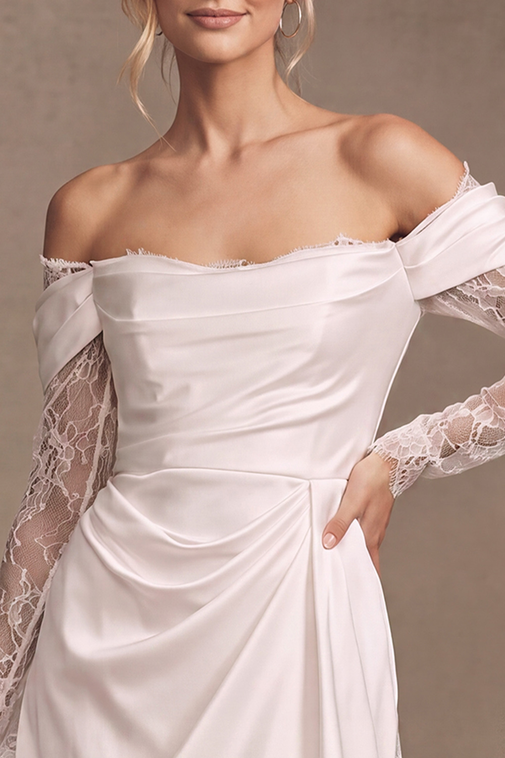 White A Line Off the Shoulder Long Sleeves Short Wedding Dress with Lace