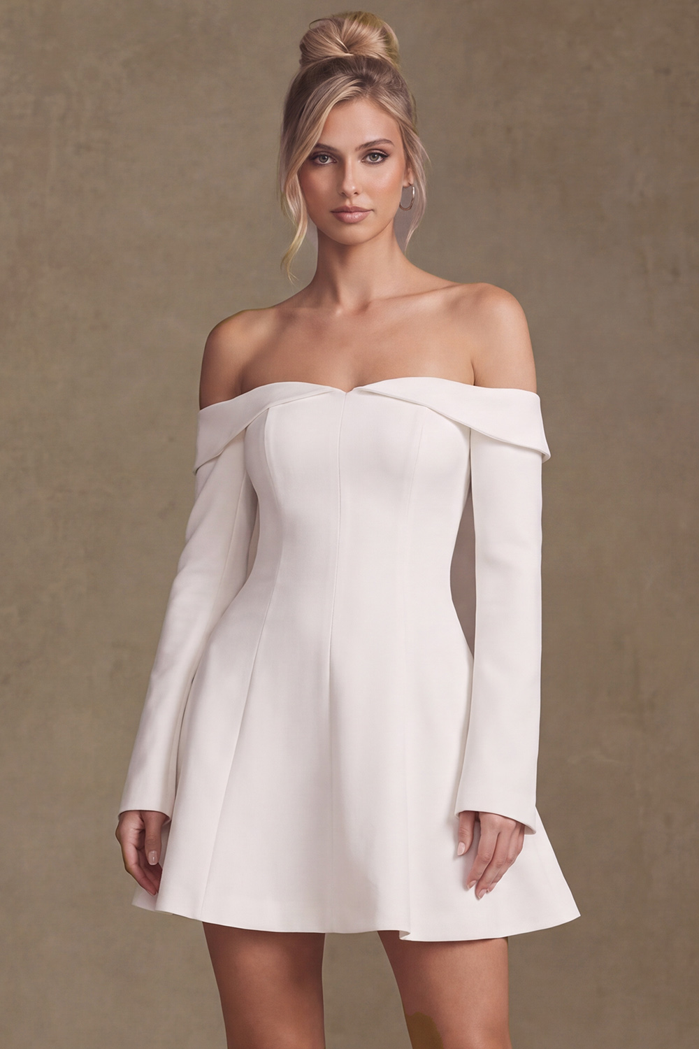 White A-Line Off the Shoulder Long Sleeves Short Reception Dress For Bride