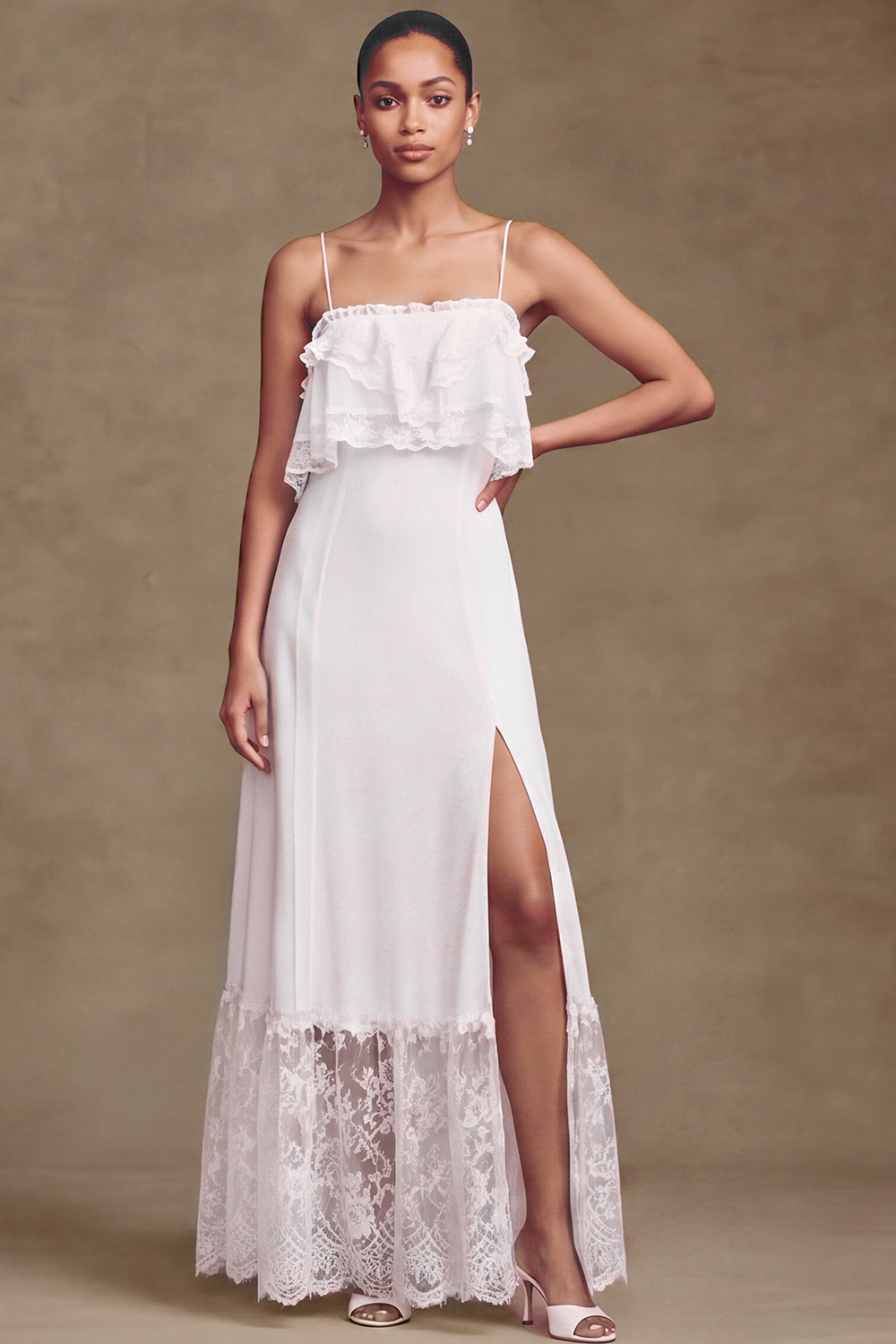 White Sheath Spaghetti Straps Ruffled Floor Length Wedding Dress with Lace